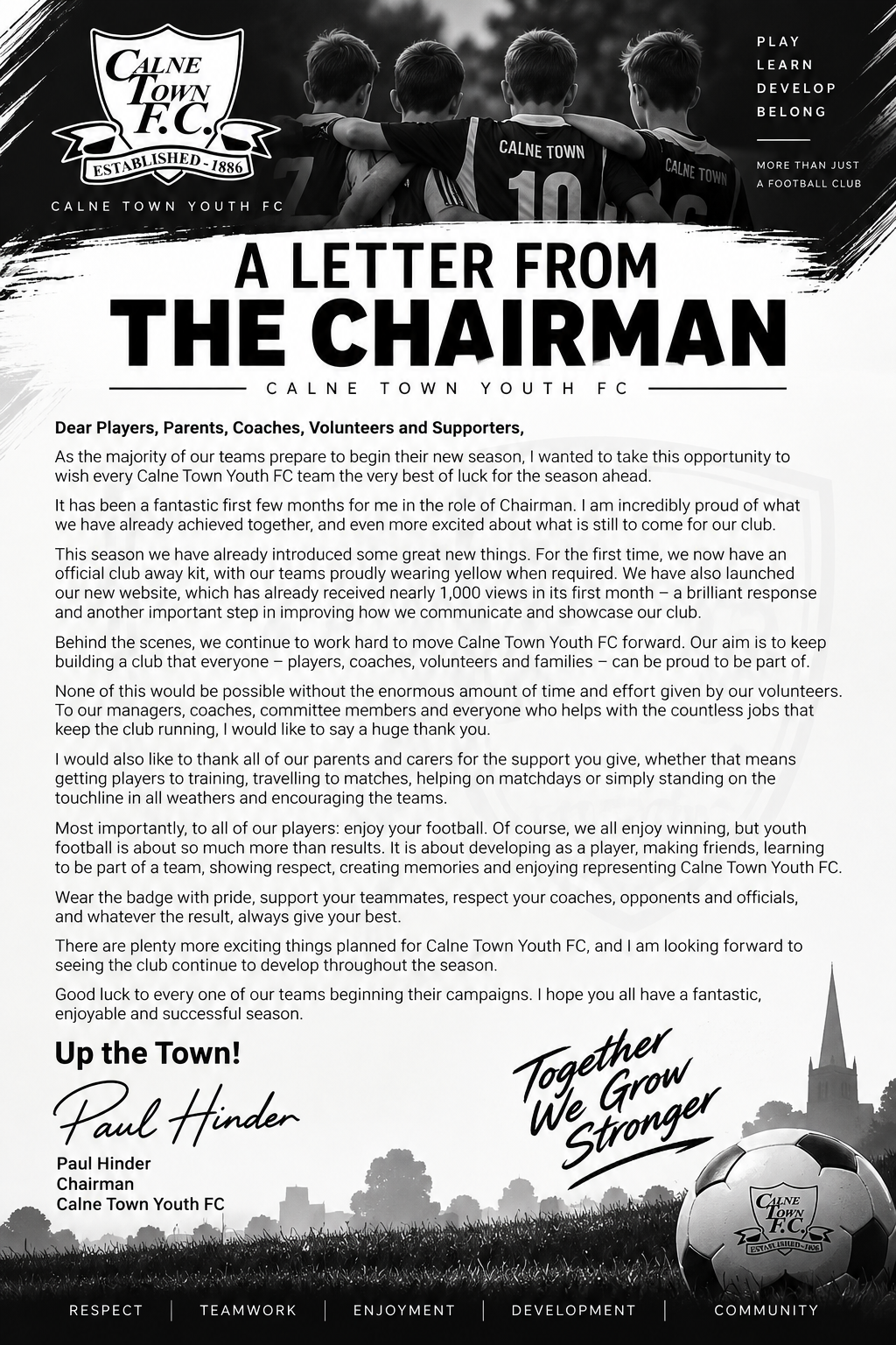 A Letter from the Chairman, Paul Hinder, to Calne Town Youth FC players, parents, coaches, volunteers and supporters